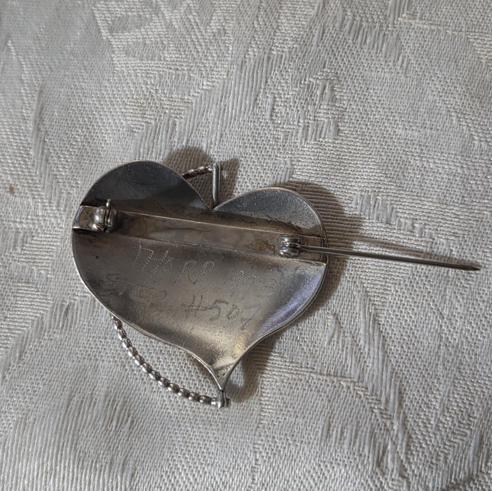 Vintage Lynda Thorp Abstract Heart Brooch, SS, 14k, Garnet - Picture 6 of 11